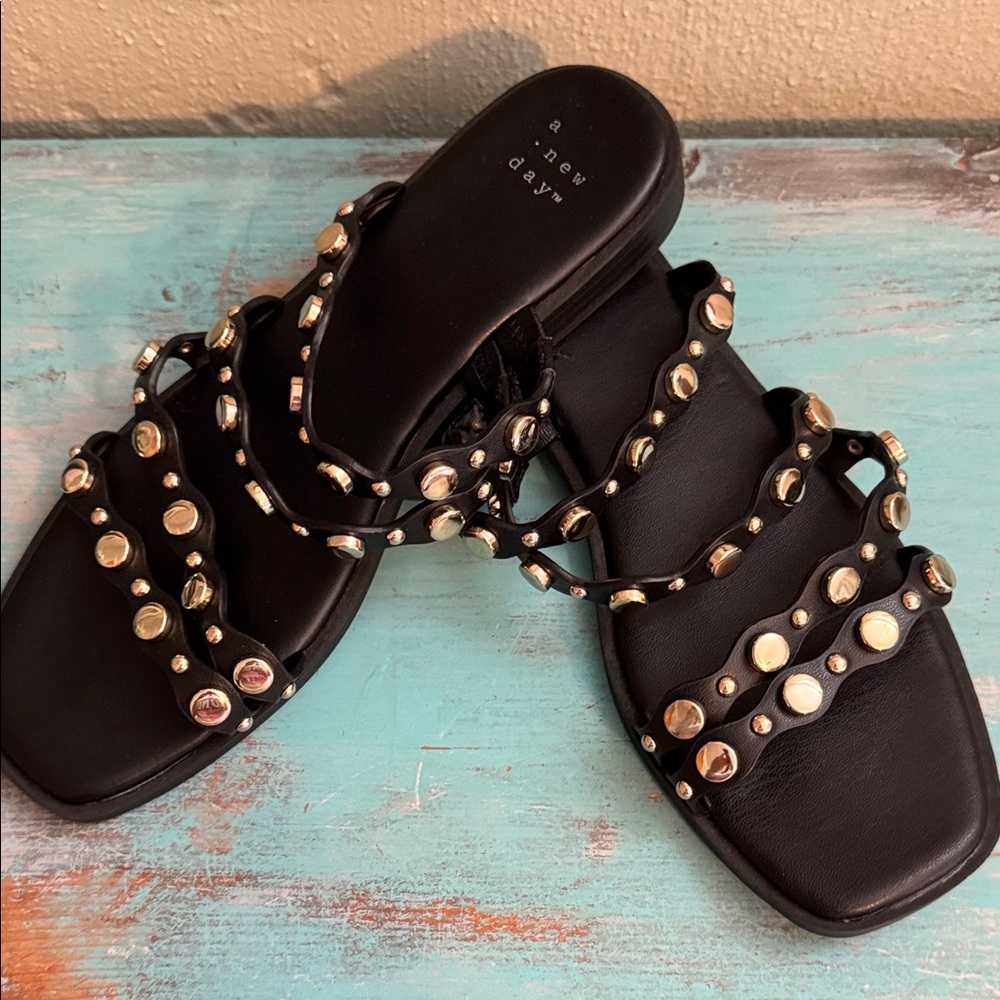 a new day Black Studded Triple-Strap Slide Sandals
